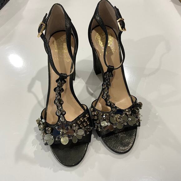 Vince Camuto Beaded Block Heels 8.5 Serafine Jeweled Suede T-Strap Heels - Picture 3 of 10